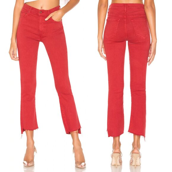 MOTHER The Insider High-Rise Crop Step Fray Jeans Hot Rod Red Size 30 $208 - Picture 1 of 16